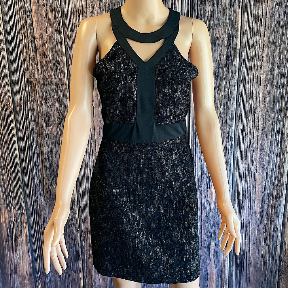 Collective Concepts NWT black dress with gold & silver detail streaks size small